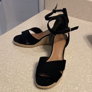 H&M Black Suede Crisscross Ankle-Wrap Wedge Sandals
